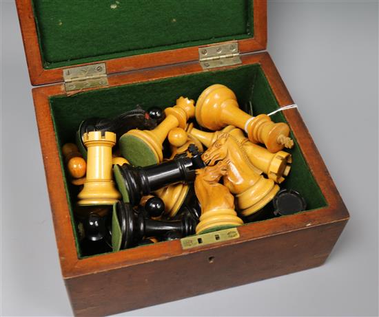 Possibly Ayres NOT Jaques & Sons, London. A Staunton pattern boxwood and ebony chess set, king 4.25in.